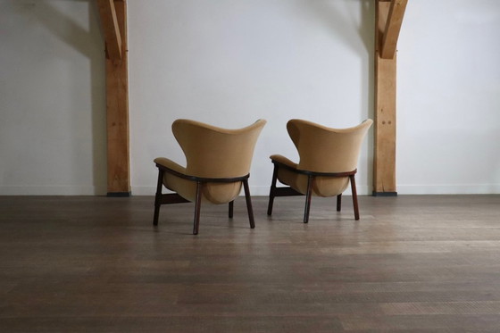 Image 1 of Paar skulpturale Lounge-Sessel im Midcentury-Modern-Stil aus Mohair und Holz, Italien, 1950er Jahre