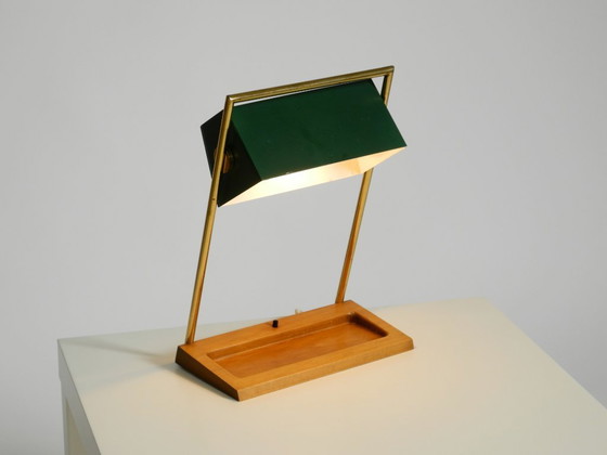 Image 1 of Original large 1960s Temde table lamp with a brass frame, teak base, and green lampshade