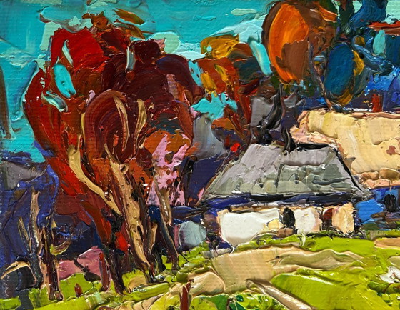 Image 1 of Original Oil Painting Summer Village Landscape Warm rural street