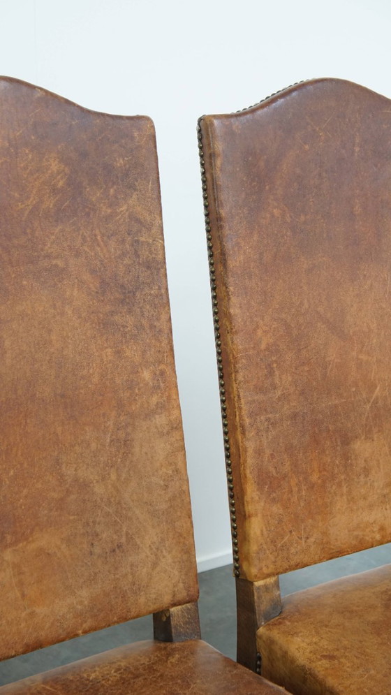 Image 1 of 4 x Sedia da pranzo antica in legno e pelle di pecora