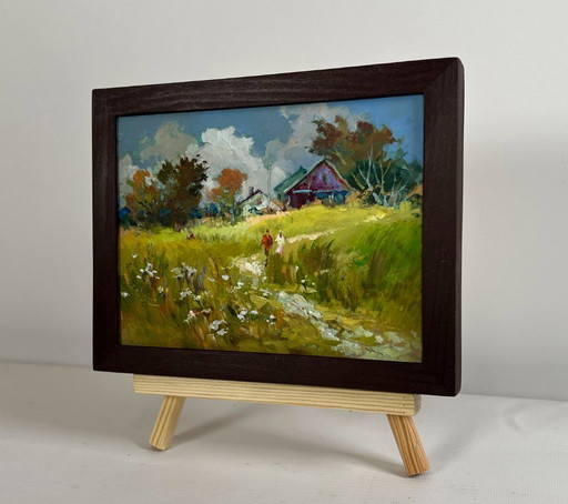Original Oil Painting Summer Village Landscape A couple walking through a field