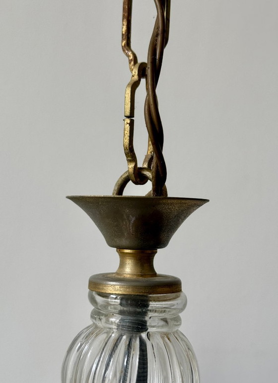 Image 1 of Kroonluchter van messing en glas met 3 armen