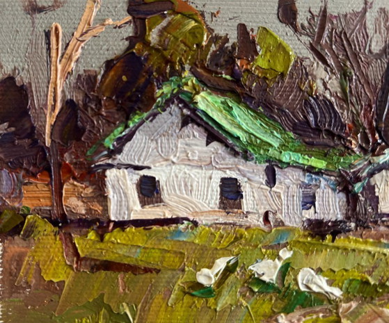 Image 1 of Original Oil Painting Summer Village Landscape Near the village lake