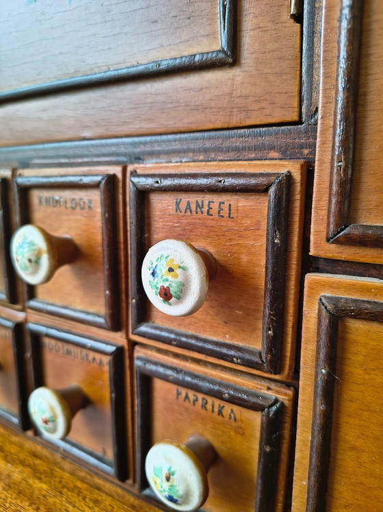 Vintage Wooden Spice Cabinet / Antique Spice Cabinet – Wall cabinet, Porcelain (photo 3 of 8)