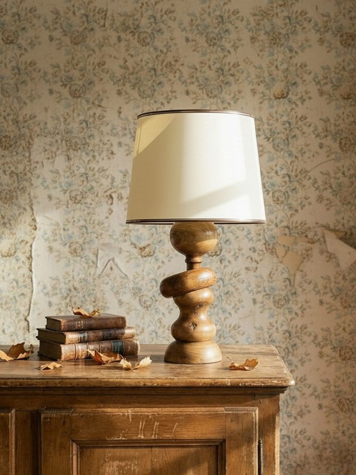 Beeindruckende Vintage-Lampe im skandinavischen Stil, gefertigt aus gedrechseltem Holz mit einem Ring