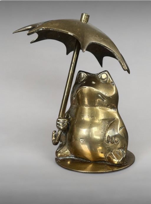 Vintage Frog Under Umbrella Brass Figure