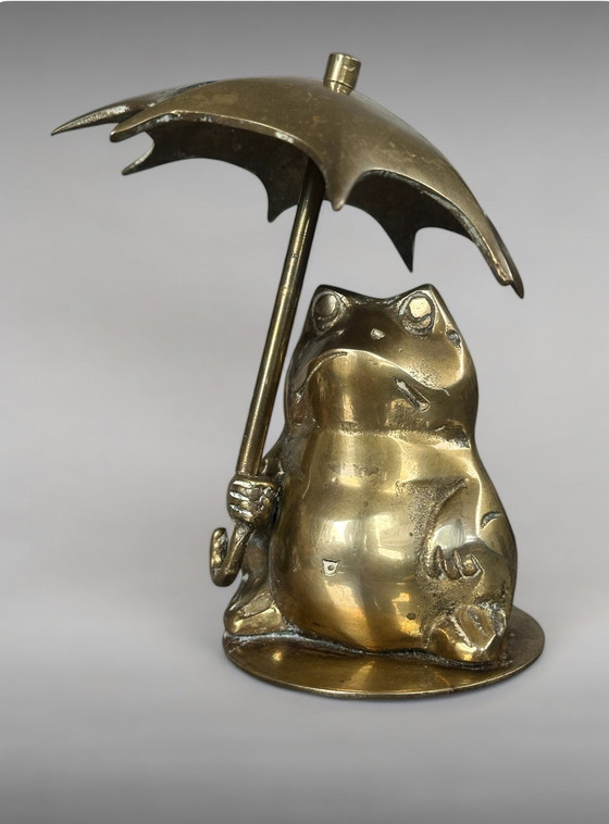 Image 1 of Vintage Frog Under Umbrella Brass Figure