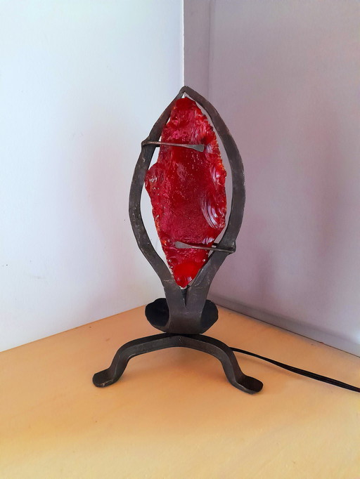 Brutalist lamp in glass and wrought iron 1950