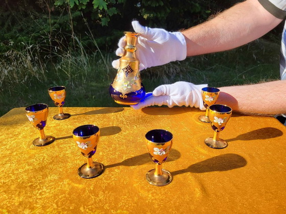 Vintage Murano Handmade Decanter Set Cobalt Blue Decanter Set - 24K Gold 7 Pc's, Glass & Decanter, Glass (photo 2 of 10)