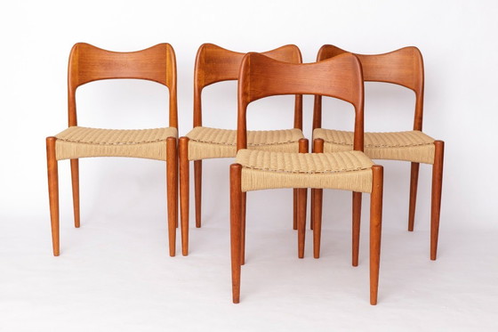 Image 1 of Set of 4 Danish Dining Chairs by Arne Hovmand-Olsen for Mogens Kold, 1960s Mid Century Teak Chairs with Danish Cord Seats