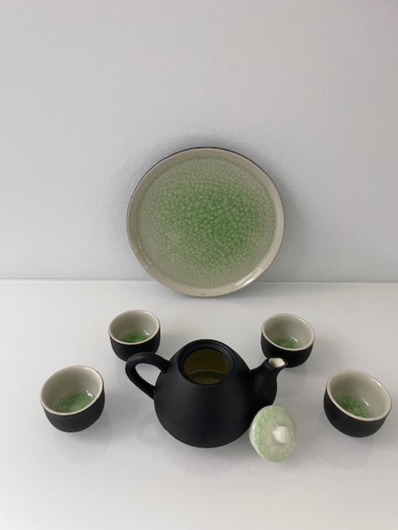 Image 1 of Elegante servizio da tè giapponese/asiatico in ceramica verde screpolata