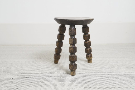 Vintage Bobbin Turned Wooden Stool Plant Stand Brutalist Rustic Tripod Stool Farmhouse Wabi Sabi Decor