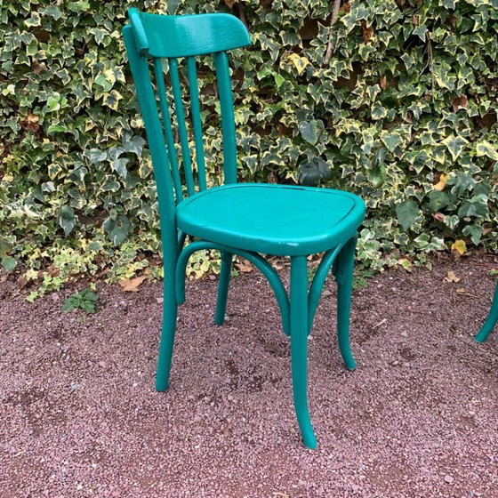 Set aus 4 grünen Bistrostühlen, Esszimmerstühle, Holz, Türkis, Vintage (Foto 15 von 15)