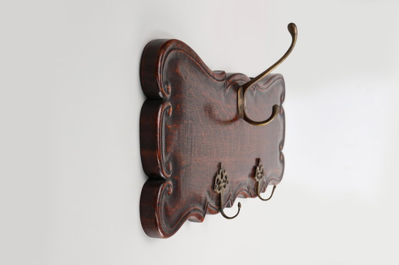 Image 1 of Art Nouveau Style Coat Rack in Oak with Brass Hooks, France ca. 1915