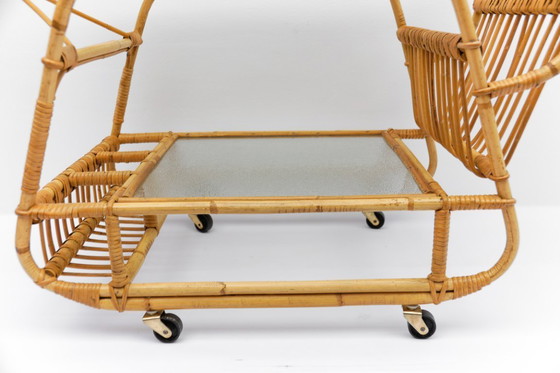 Image 1 of Carrello da portata italiano in bambù, rattan e vetro, anni '50