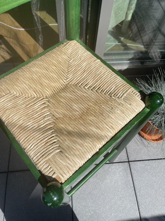 Image 1 of 2x Vintage green lacquered rush-seat bar stools. Attributed to Hank Loewenstein Padova / Vico Magistretti Carimate style.