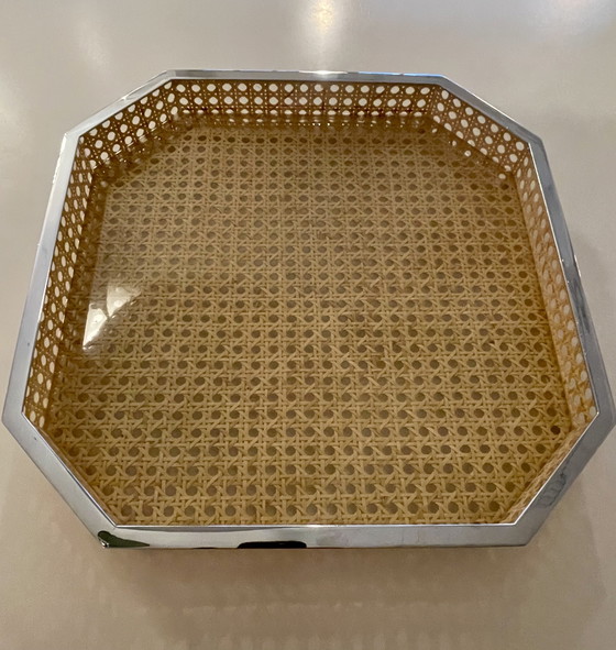 Image 1 of Plexiglas rieten dienblad GabriellaCrespi Italië jaren 70