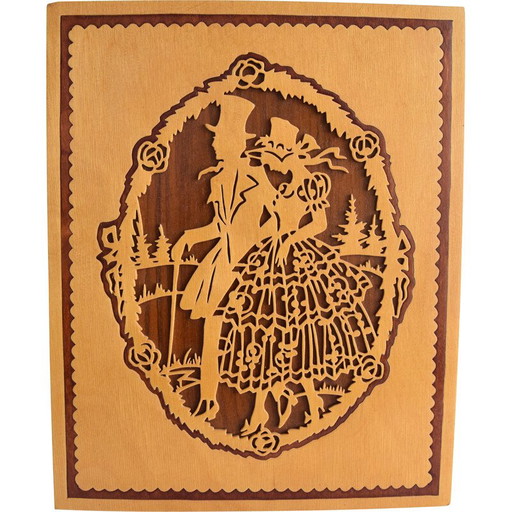 Peinture vintage en placage de bois, Tchécoslovaquie 1950