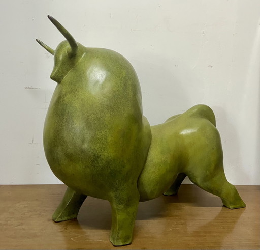 Monumental Abstract Bronze Bull Sculpture After Fernando Botero, Green Patina, 70 cm