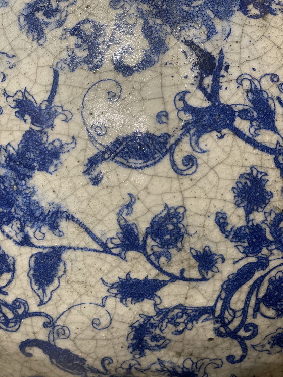 Image 1 of Mega XL large earthenware ceramic vase blue white glaze heavy