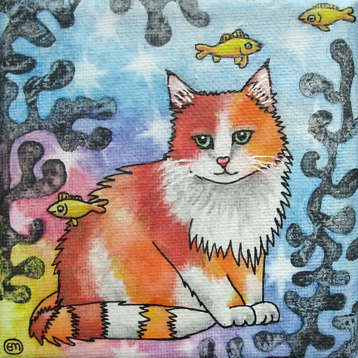 Tableau super mignon peint à la main d'un chat roux et orange