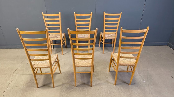 Image 1 of Set of 6 Beech wood italian ladder back chairs, 1970s