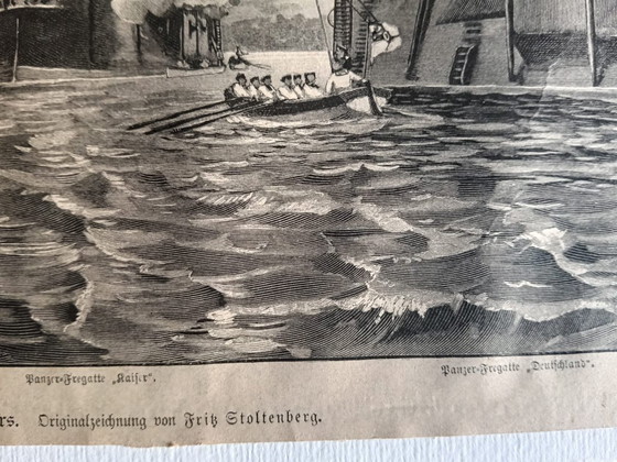 Image 1 of Grabado antiguo - Puerto de Kiel (ca. 1890) con marco