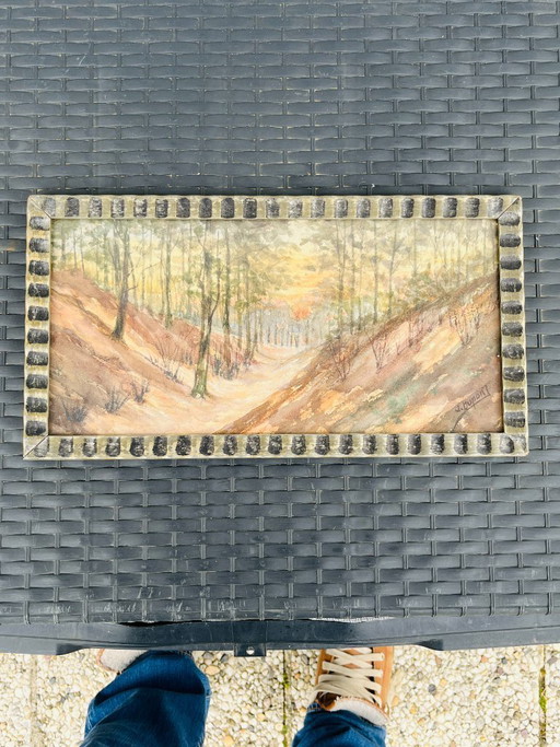 Belgisches Aquarell, Sonnenuntergang bei Houffalize, signiert J. Dupont