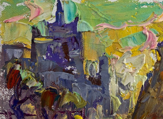 Image 1 of Original Oil Painting Evening City Landscape Old fortress that remembers centuries