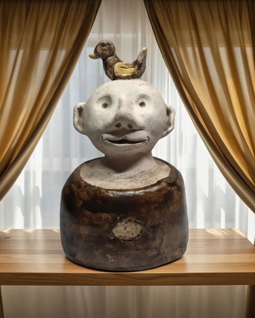 (W006) Unique Folk Art Ceramic Sculpture – "The Happy Bald Man with a Duck on His Head"