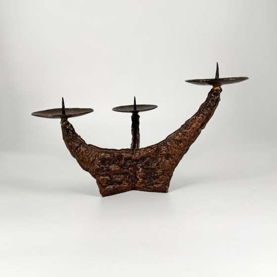 Sculptural Vintage Candle Holder, Brutalism, Mid Century, Metal, Brown, Organic Modern (photo 5 of 12)
