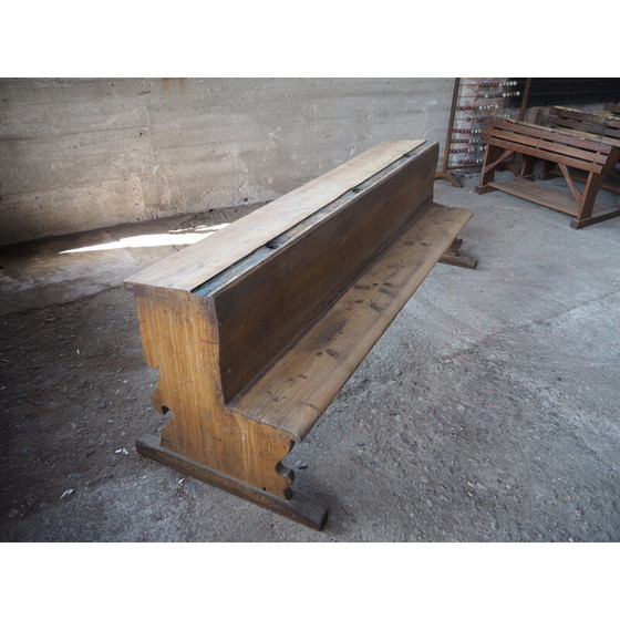 Image 1 of Antique long all-wood school bench with original paint, Czechoslovakia 1930s