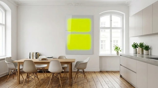 Pintura abstracta de campo de color en gris y amarillo neón | Estilo fluorescente | XXL Vidrio acrílico (photo 2 of 6)