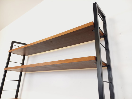 Image 1 of Italian modernist desk with built-in modular string bookcase in teak, metal and melamine from the 60s