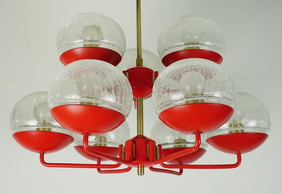 Image 1 of stunning 1960s 70s mid century modern CHANDELIER, red metal and brass, 9 crackle glass shades