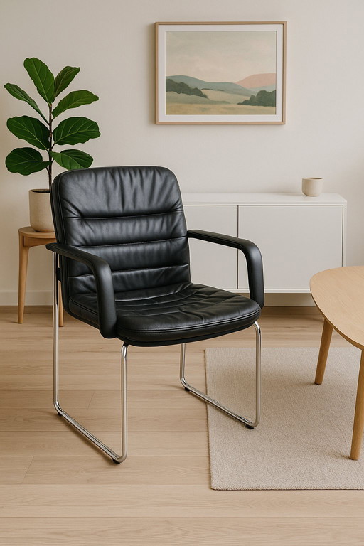 Fauteuil traîneau Kinnarps – cuir noir et chrome – un classique du design suédois