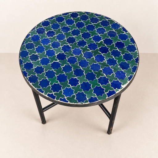 Moroccan Zellige Coffee Table, Blue Green Mosaic Table, Handmade Round Tile Side Table, Moorish Star Decor, Boho Furniture,