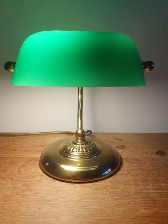 Image 1 of Lampada da notaio/banchiere in metallo dorato verde opalino