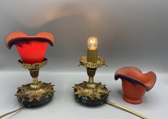 Image 1 of Set di 2 lampade da tavolo antiche in stile Art Nouveau - Vetro rosso