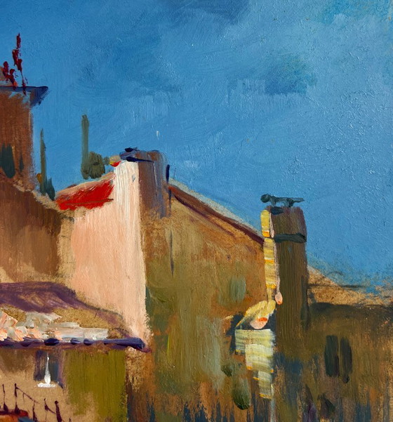 Image 1 of Origineel olieverfschilderij: Stadslandschap aan de rivier, schaduwen van het stadsleven
