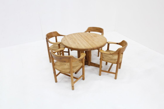 Image 1 of Set Vintage dining table and dining chairs pine wood papercord