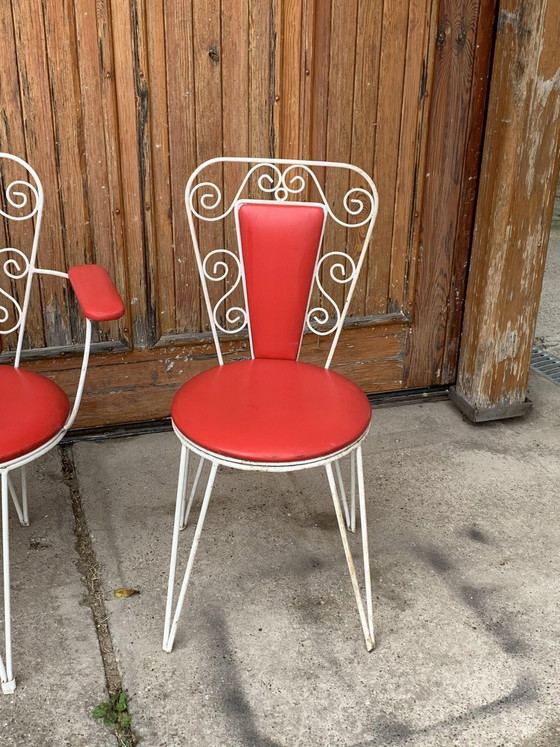 White Metal & Red Leatherette Garden Set, 1968, Set of 4, Mid Century Modern (photo 7 of 9)