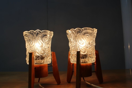 Image 1 of Pair Czech 1970s Wood and Yellow Glass Mid Century Table Lamps