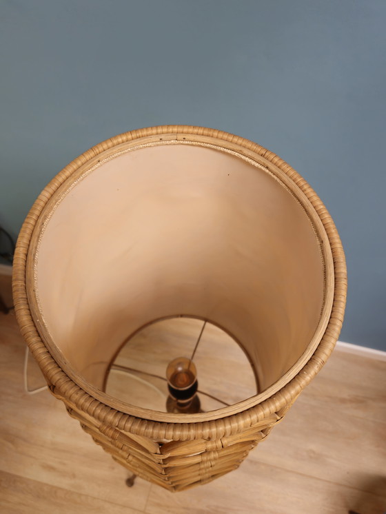 Image 1 of Vintage Vloerlamp Hout, Stof & Rotan Staande Lamp