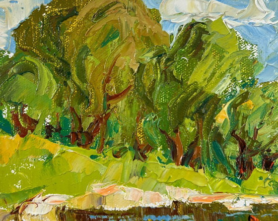 Image 1 of Peinture à l'huile originale représentant un paysage côtier d'été avec des saules au bord d'un étang