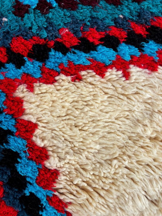 Image 1 of Vintage Beni Ouarain tapijt 90x190 cm | Marokkaans wollen tapijt | Crème Berber tapijt met kleurrijke ruiten