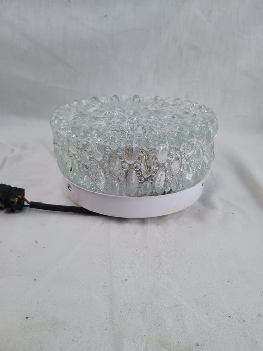 Vintage Glashütte Limburg 1960s Pressed Glass Ceiling Light - Textured Clear Glass Flush Mount Wall Sconce German Mid-Century