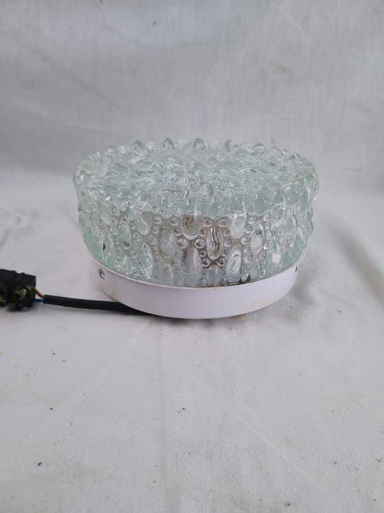 Image 1 of Vintage Glashütte Limburg 1960s Pressed Glass Ceiling Light - Textured Clear Glass Flush Mount Wall Sconce German Mid-Century