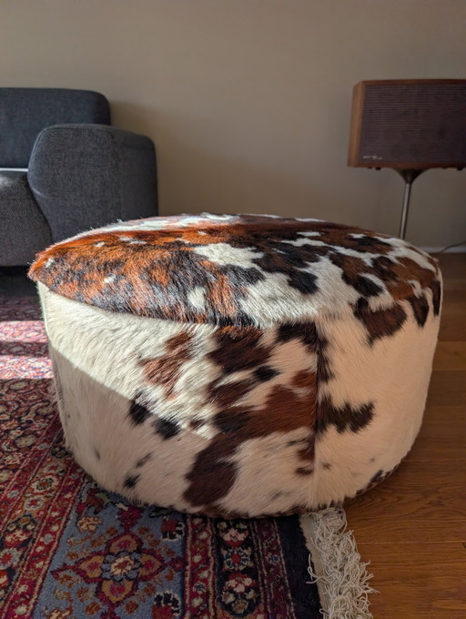 Vintage jaren 80 koeienhuid poef hocker groot 