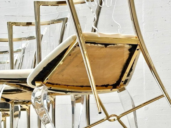 Image 1 of Set: 6 Stühle aus Acrylglas mit Messingdetails von Vereinigte Werkstätten, 1980er Jahre